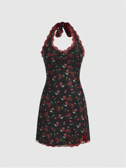 Kawaii Cherry Print Splicing Lace Halter Neck Dress
