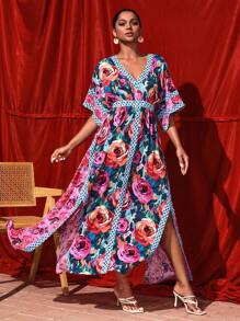 TIYA Vestido largo con cuello en V profundo, estampado total, diseño bohemio y boho para mujer, vestido elegante de verano, atuendo para Año Nuevo, para vacaciones, fiestas y festivales