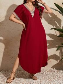 EMERY ROSE Plus Size Women Lace Short Sleeve Long Dress For New Year, Summer Outfit - Red - View 5