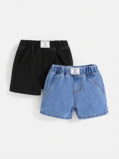 SHEIN 2 件套男婴春夏波西米亚风休闲字母贴袋松紧腰柔软牛仔短裤多色可选，婴儿夏装套装