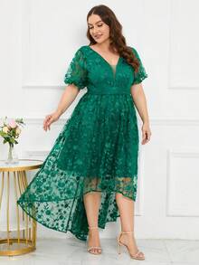 Đầm dự tiệc cao thấp thêu lưới màu trơn cỡ lớn - Màu xanh lá cây đậm - Xem 7