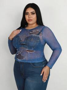 SHEIN CURVE+ 大码牛仔效果图案长袖上衣 - 彩色 - 查看 6