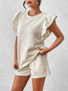 Women Textured Ruffle Trim Crew Neck Top And Shorts Set - White - View 5