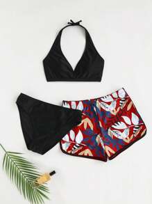 SHEIN Teen Girl Halter Neck Backless Bikini Set 3pcs Set, Random Print Summer Beach - Multicolor - View 1