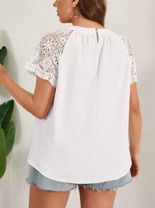 SHEIN LUNE Áo thun tay Raglan cổ tròn nối ren cỡ lớn - trắng - Xem 2