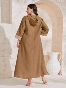 Al Najma Plus Size Hooded Patchwork Knitwear Dress Kaftan Jalabiya Dress - Khaki - View 2