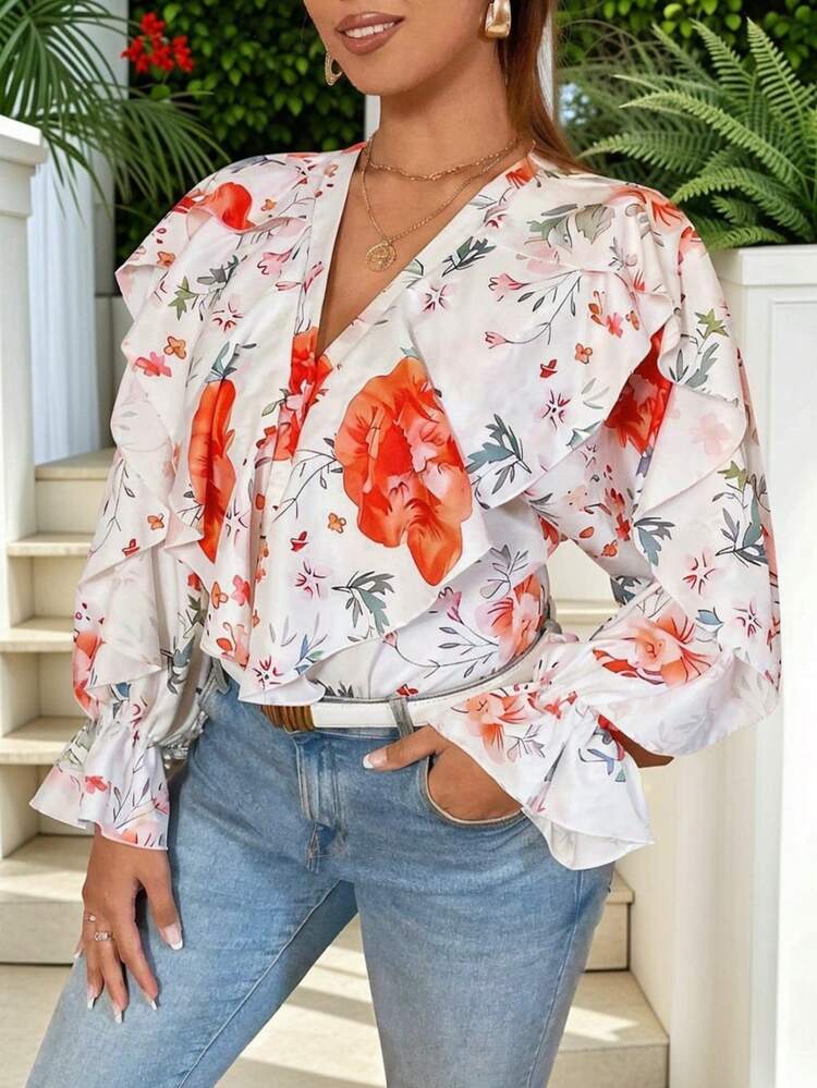 Plus Size Women's Floral Print Ruffle Trim Button Front Shirt With Long Sleeves