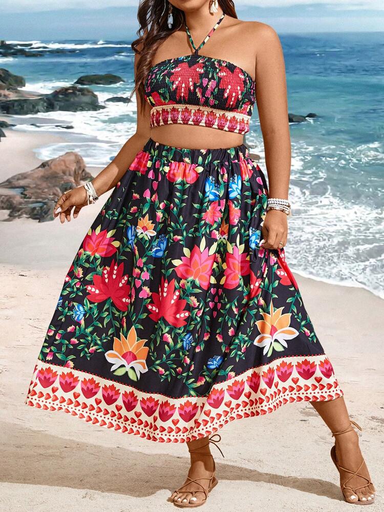 Plus Size Flower & Plant Printed Vacation Two Pieces Set