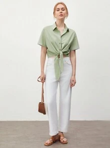 BizChic Camisa Abotonada De Color Liso Con Dobladillo Delantero Anudado - Verde - Ver 6
