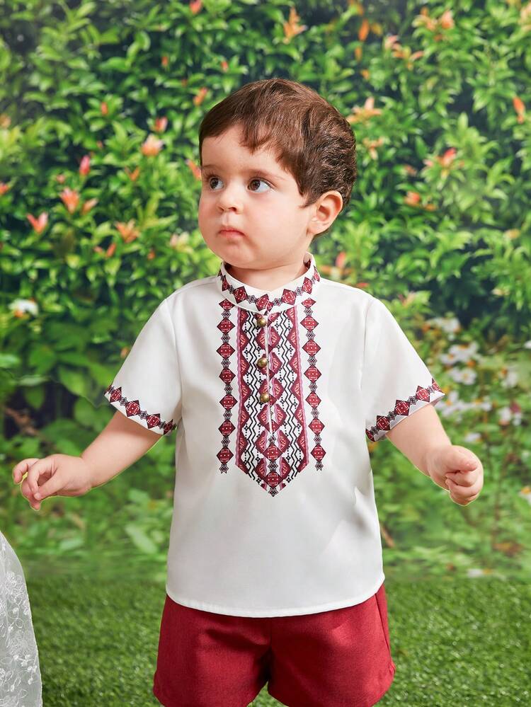 Baby Boy Summer Holiday Geometric Print Stand Collar Short Sleeve Top