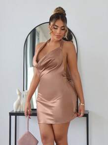 SHEIN SXY Party Champagne-Colored Short Elegant Ladies Dress With Satin Draped Neckline And Halter Design - Dusty Pink - View 3