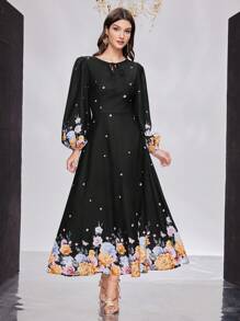 Modelyn Women's Arab Style Belted Lantern Sleeve Floral Print Dress - Black - View 4