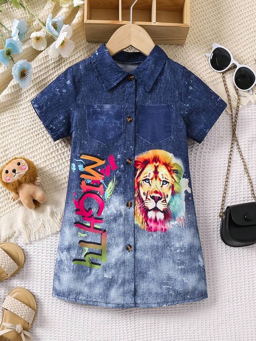 SHEIN Young Girl Lion & Letter Print Short Sleeve Shirt