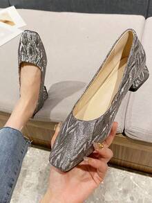 女士粗跟鞋,漸變水紋面料和圓頭設計,簡約風格適用於工作女性 - 黑色 - 查看 5