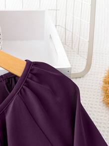 Plus Size Solid Color Round Neck Pleated Casual Shirt Fall Cloth For Women - Purple - View 3