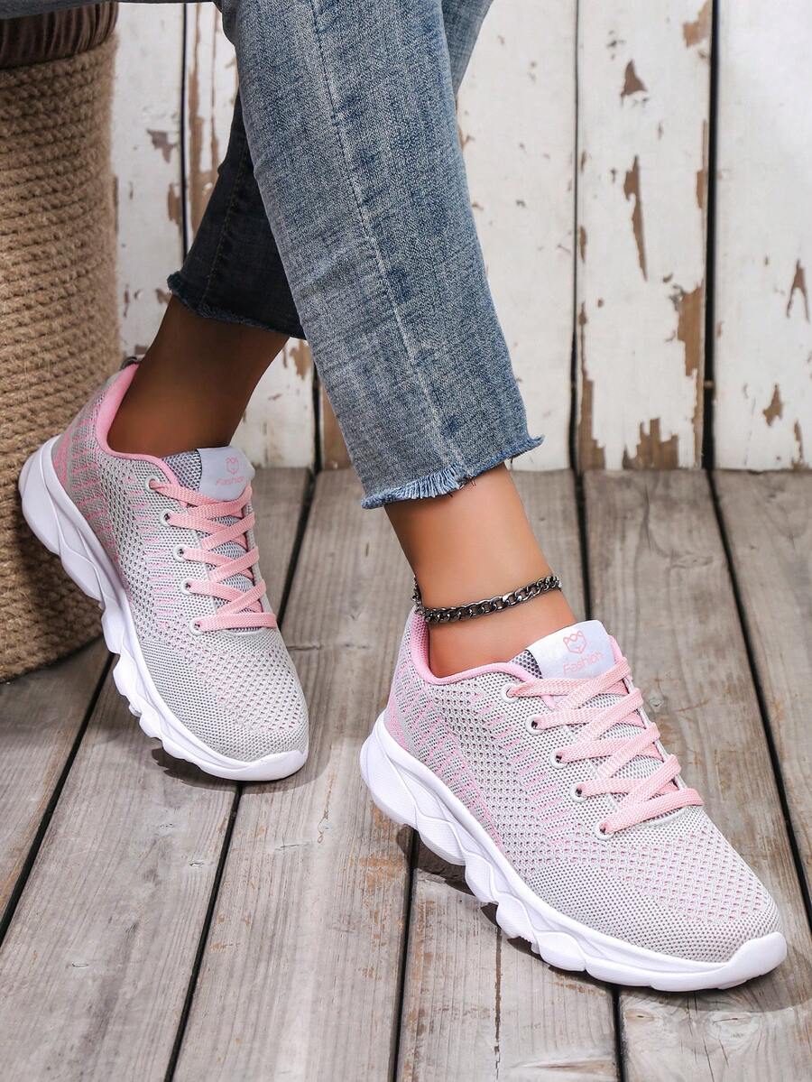 AOSEIN 女士透气条纹系带运动跑步鞋，轻便休闲运动鞋 - 粉色 - 查看 1