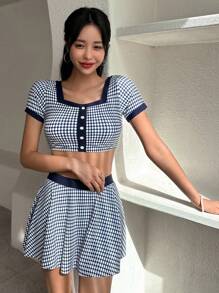 DAZY 女士甜心领口短袖几何印花无线比基尼套装，适合夏季海滩度假 - 藍色 - 查看 3