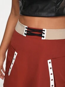 Zisun Designer Color Block High Waist Double Pocket Mini Elegant Skirt, For Summer, Holiday, Party, Vacation, New Year Eve, Festival - Red - View 4