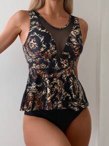 SHEIN Swim Tankini largo estampado al azar con contraste de malla y estampado de tigre para el verano - Multicolor - Ver 8