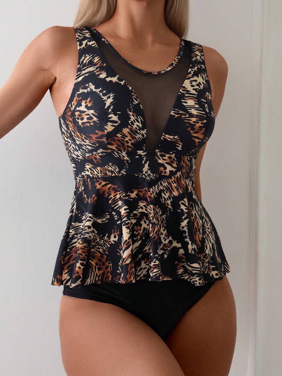 Random Printed Long Tank Tankini With Mesh Contrast And Tiger Pattern Summer