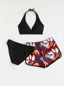 SHEIN Teen Girl Halter Neck Backless Bikini Set 3pcs Set, Random Print Summer Beach - Multicolor - View 4