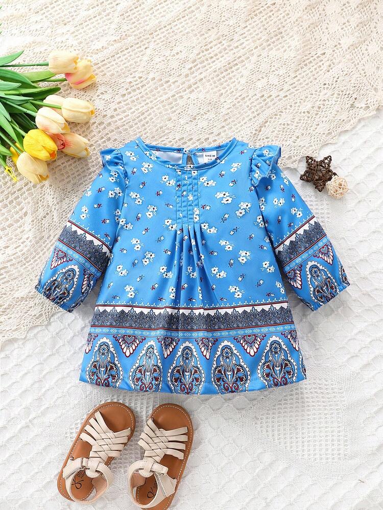 Vintage Floral Print Ruffled Hem Dress For Baby Girl