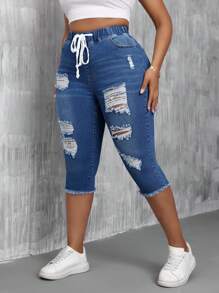 SHEIN SXY Distressed Denim Skinny Hose Mit Hoher Elastizität Und Elastischem Bund Für Damen In Übergröße - Mittele Waschung - Übersicht 4