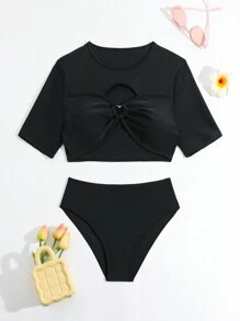 Teen Girl Ruched And Hollow Out Chest Bikini Set Summer Beach - Black - View 8