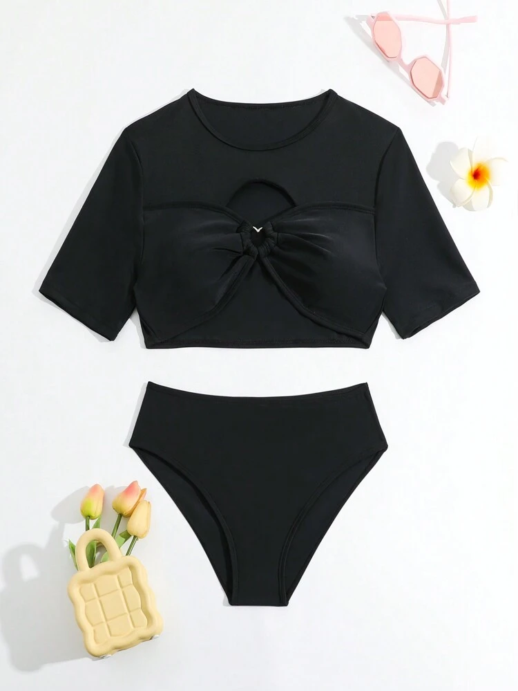 Teen Girl Ruched And Hollow Out Chest Bikini Set Summer Beach