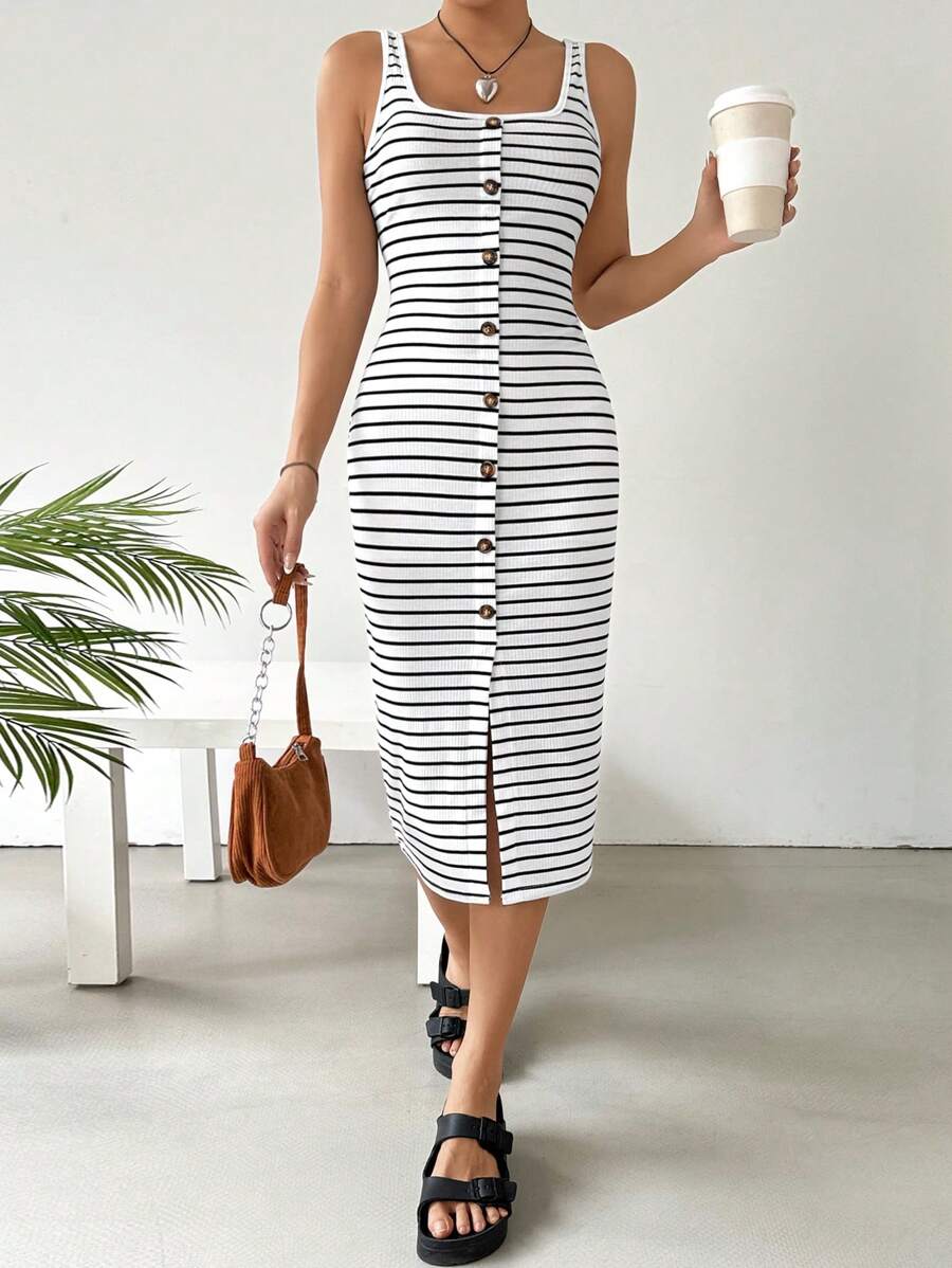 SHEIN EZwear Women's Striped Button Front Sleeveless Dress - Black and White - View 1