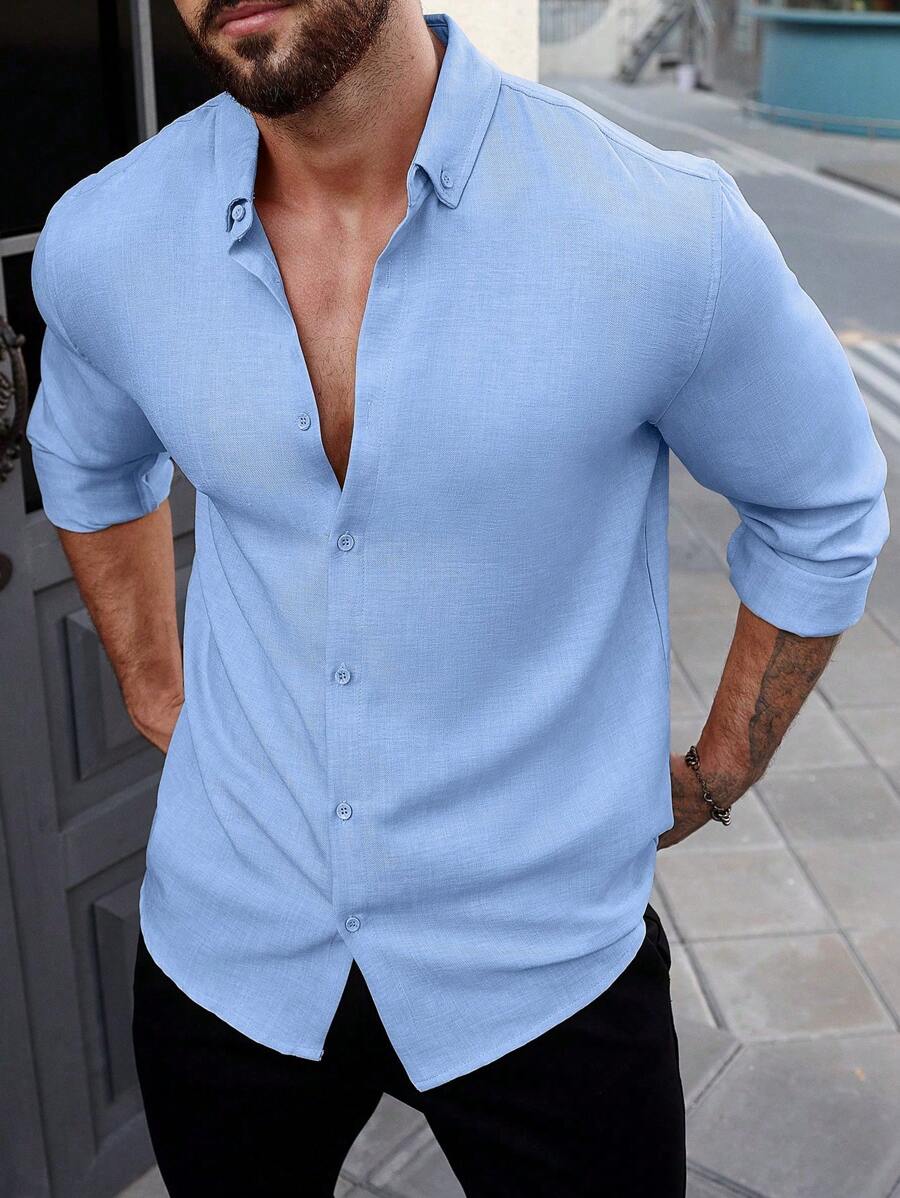 Manfinity Homme Men's Textured Long Sleeve Button Front Shirt - Blue - View 1