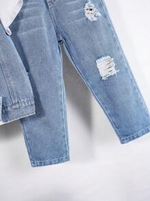 SHEIN Young Boys' T-Shirt, Sleeveless Jacket, Denim Coat And Long Pants 3pcs/Set - Baby Blue - View 3