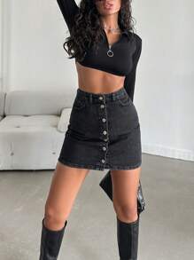 Cottnline Button Front Denim Skirt - Black and White - View 4