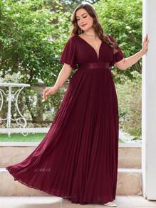 Elegantes V-ausschnitt Kleid Große Größen Mit Plissierter Taille Und Langem Ausgestelltem Chiffon Für Die Mutter Der Braut - Bordeaux - Übersicht 1