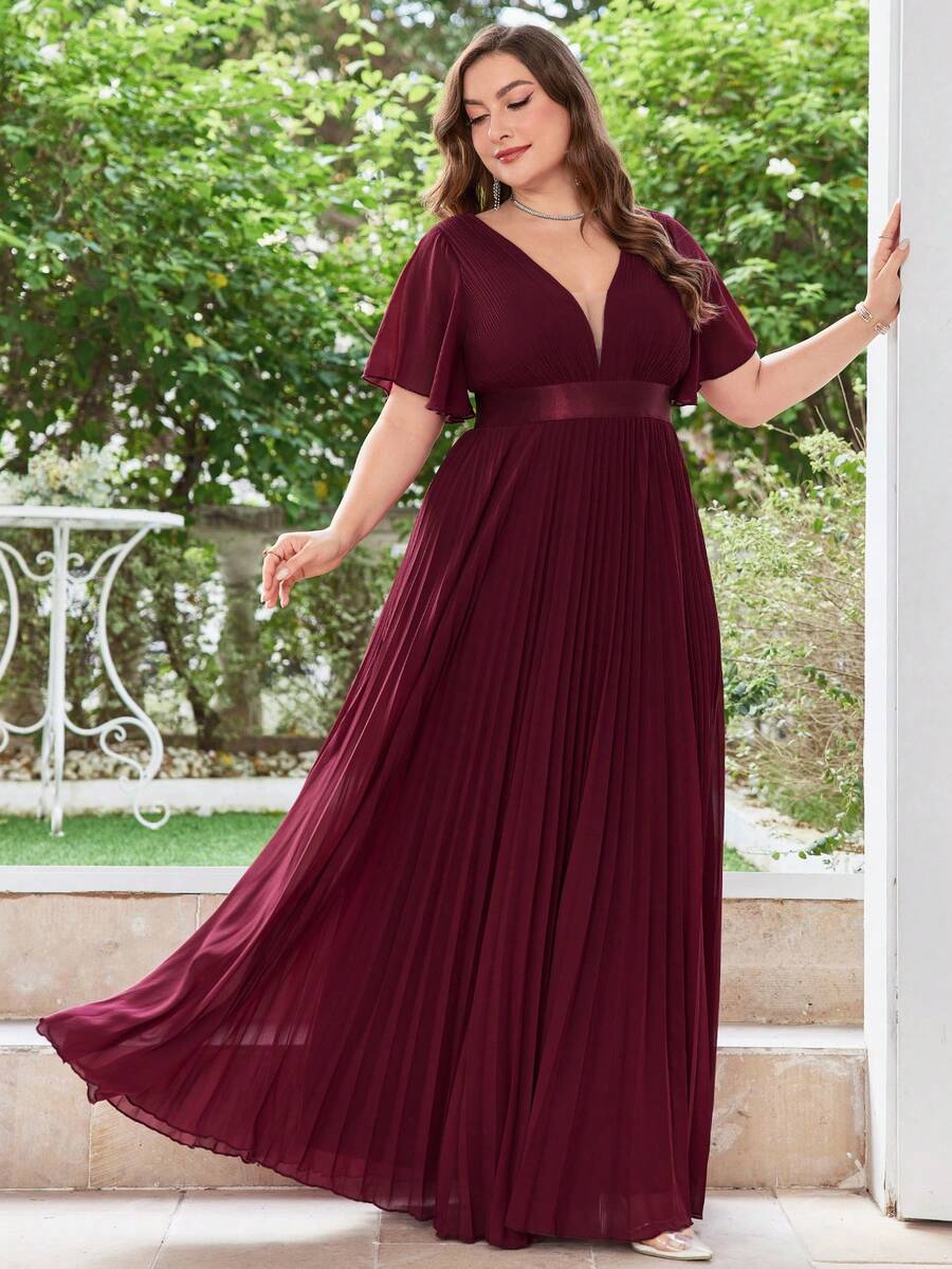 Elegantes V-ausschnitt Kleid Große Größen Mit Plissierter Taille Und Langem Ausgestelltem Chiffon Für Die Mutter Der Braut - Bordeaux - Übersicht 1