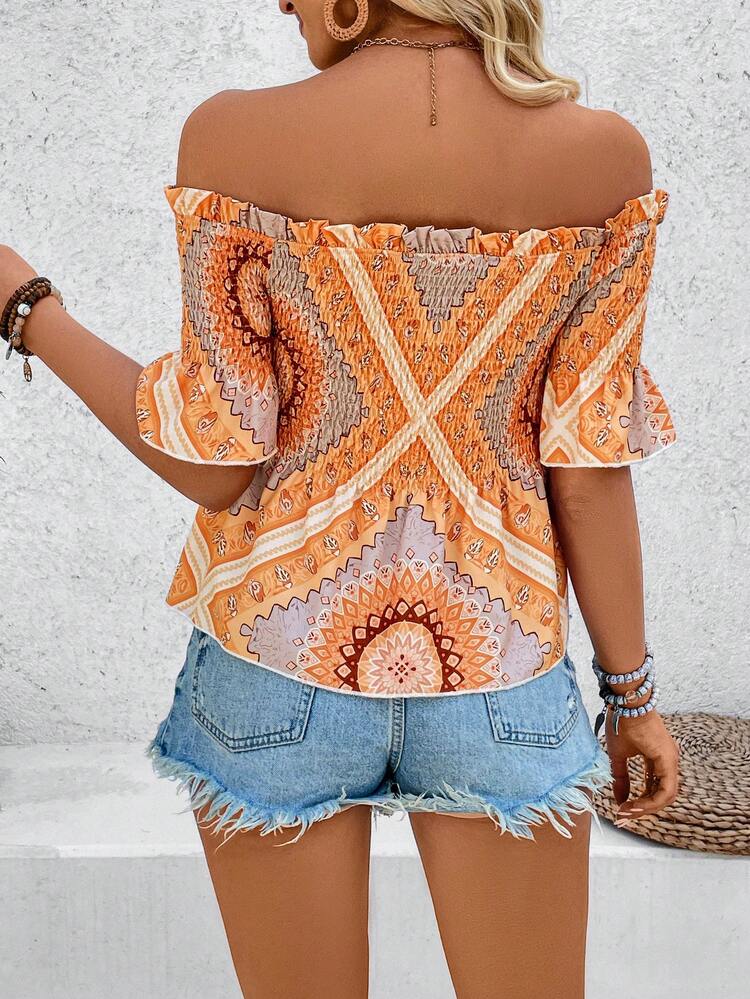 Women's Patchwork Floral Off Shoulder Blouse With Ruffle Detail