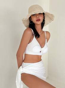 DAZY 3pcs/Set Solid Texture Swimwear Set,Beach Women Outfits - White - View 5