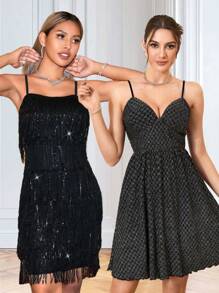 SHEIN Belle Geprint V-hals Spaghetti bandjes Cocktailjurk