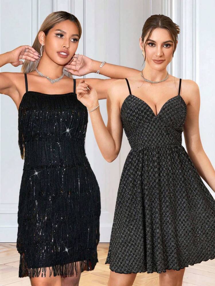 Printed V-Neck Spaghetti Strap Cocktail Dress