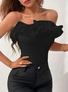 Firerie Solid Layered Ruffle Trim Tube Bodysuit - Black - View 6