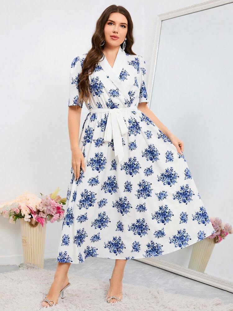 Plus Size Floral Print A-Line Dress With Shawl Collar Long Evening Dresses