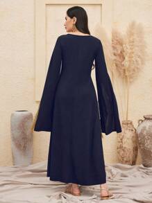 Al Najma Patchwork Lace Fringe Trimmed Split Sleeve Kaftan - Blue - View 2