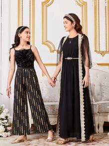 SHEIN Tween Girls' Cute Flower-Shaped 3d Cami Top And Wide Leg Pants Set With Foil Print - Black - View 1