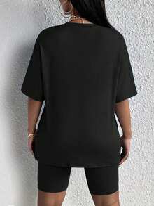 SHEIN Slayr 女士字母印花短袖T恤和骑行短裤两件套 - 黑色 - 查看 2