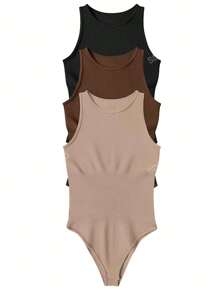 Women Solid Color Ribbed Sleeveless Bodysuit