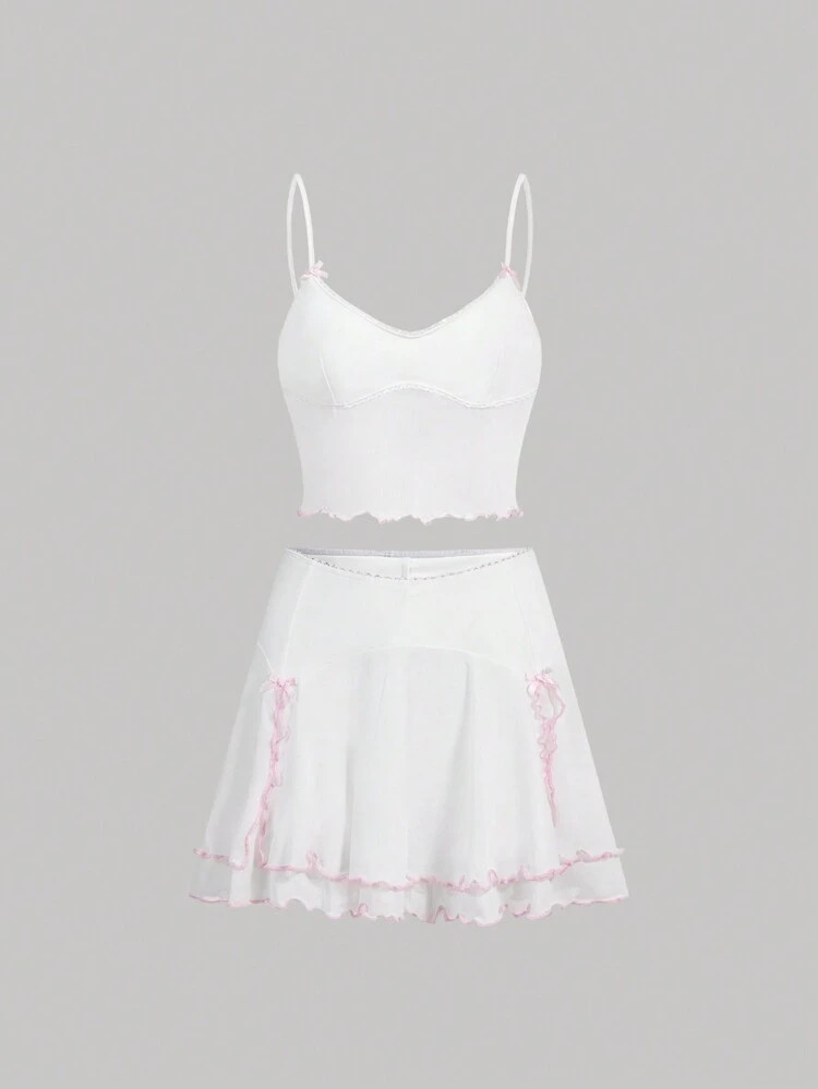 Color Blocked Mesh Edge Spliced Cami Top And Skirt