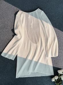 SHEIN Swim 夏季沙灘純色擴口袖綁帶透視泳裝遮罩衣 - 白色 - 查看 3