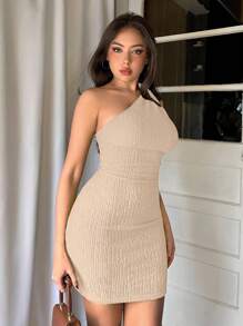 Aloruh Vestido Bodycon Con Textura De Un Solo Hombro - Albaricoque - Ver 4