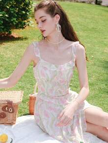 Ladies" Fashionable French Tulip Printed Sleeveless Sundress - Multicolor - View 5