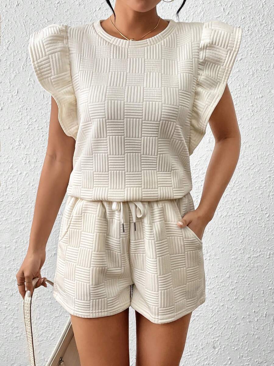 Women Textured Ruffle Trim Crew Neck Top And Shorts Set - White - View 1